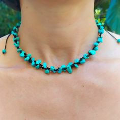 Bohemian Choker With Sliding Knot As Gift, Adjustable Cord Choker For Festival, Bohemian Turquoise Necklace With Adjustable Cord, Handmade Adjustable Blue Turquoise Necklace, Turquoise Macrame Necklace For Festival, Adjustable Turquoise Artisan Necklace, Adjustable Turquoise Hippie Necklace, Turquoise Necklace With Adjustable Cord, Adjustable Artisan Turquoise Necklace