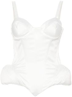 white satin finish bustier-style neckline boned bodice built-in cups bra rear hook and eye fastening sleeveless padded hips curved hem Boned Bodice, Yoko London, Hook And Eye, Exclusive Fashion, Ballet Flat Shoes, White Satin, Bra Cups, Lady Dior, Top Shoes