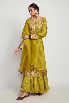 Shop for Pink City Green Silk Chanderi Kurta Sharara Set for Women Online at Aza Fashions Kurta Skirt, Long Kurtas, Embroidered Sharara, Sharara Pants, Kurta Sharara Set, Kurta Sharara, Traditional Attires, Long Kurta, Pink City