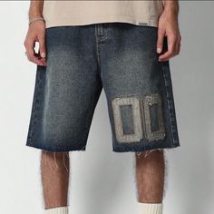 Men Denim Shorts With Embroidered Front Raw Hem Color: Washed Denim Blue Size: Large (34-36) Condition: New Shein Shorts, Mens Jean Shorts, Shopping Clothes, Adidas Track Suit, White Jean Shorts, Tie Front Cardigan, Acid Wash Jeans, Rayon Pants, Distressed Jean Shorts