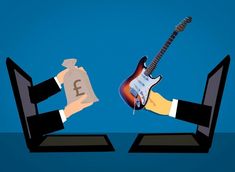 two hands holding a guitar over a laptop computer with a pound note in front of them