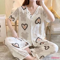 Qteee - Delightful Love Heart Bow Print Pajamas Three-Piece Set White Printed Sleepwear, Printed White Sleepwear For Home, Playful White Sleepwear For Home, Comfortable White Sleepwear Set, Comfortable White Sleep Set, Comfortable White Home Wear Set, Cute White Sets For Home, White Printed Loungewear Sets, Playful White Loungewear Sets