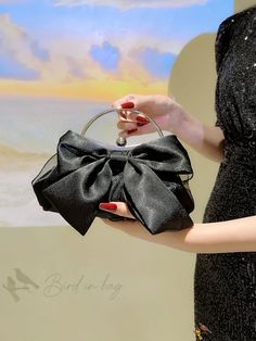 Bird in Bag - Satin Evening Clutch Bag with Rhinestone Butterfly Knot Decoration for Party, Black Black Clutch Bag For Party, Party Clutch Bags With Bow, Party Clutch Bags With Bow Detail, Black Party Bags With Bow Detail, Elegant Bags With Bow For Events, Elegant Black Bag With Bow, Handheld Evening Bag For Party, Evening Bags With Bow Detail, Elegant Clutch Bag With Bow