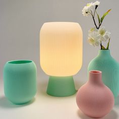 three different colored vases with flowers in them