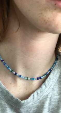 handmade blue seed bead necklace Blue Seed Bead Necklace, Glass Seed Bead Necklace, Gemstone Earrings Dangle, Seed Bead Necklace, Beaded Necklaces, Bead Necklace, Seed Bead, Chain Styles, Blue Glass