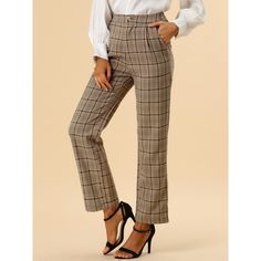 These pants are essential for dressing up or down. Lightweight fabric, covered in a plaid pattern, shapes these trendy trousers with a high-rise fit. How it is a bit high waist and how it gathers at the waist adding shape to the body. You may love everything about these trousers, from their regular fit to the elastic high-waist, which could double as a hiding mechanism for women with love handles. Style these trousers with a crop top and heels for the ultimate look. This fashionable and trendy c Casual Plaid Pants For Office, Casual Plaid Office Pants, Plaid Pants With Pockets For Business Casual, Plaid Business Casual Pants With Pockets, Plaid Bottoms With Pockets For Business Casual, Trendy Plaid Ankle-length Pants, Plaid Ankle-length Pants With Pockets, Trendy Trousers, Plaid Pants Women