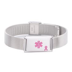 Custom Engrave! Medical ID Pink Ribbon Stainless Steel Mesh Bracelet Personalized Adjustable Metal Name Bracelet, Adjustable Silver Stainless Steel Bracelets, Adjustable Metal Wristband With Bracelet Strap, Adjustable Stainless Steel Band Jewelry, Pink Adjustable Stainless Steel Bracelet, Adjustable Pink Stainless Steel Charm Bracelet, Adjustable Silver Stainless Steel Wristband, Adjustable Pink Stainless Steel Bracelet, Adjustable Hypoallergenic Silver Bracelet