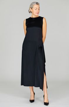 A beautifully asymmetric dress featuring a cascading ruffle down one side. Finished with satin bias binding and a back zipper. Asymmetric Dress, Bias Binding, Silk Crepe, Satin Dress, Pant Shirt, New Arrival Dress, Asymmetrical Dress, Skirts For Sale, Wearing Black