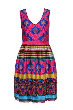 Current Boutique-Payal Jain - Pink, Blue & Multi Color Dress Sz 2 Festive Pink Dress With Floral Print, V-neck Dress With Colorful Pattern For Party, Festival Multicolor Floral Print Mini Dress, Vibrant Pink Printed Dresses, Bohemian Multicolor Mini Dress For Garden Party, Multicolor Festival Dresses For Party, Multicolor Vibrant Print Sundress, Blue Bohemian Dress With Colorful Pattern, Multicolor Mini Dress With Vibrant Print For Garden Party