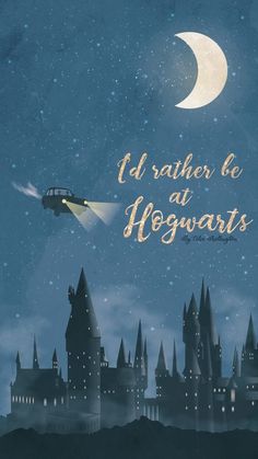 a hogwart's castle with a car flying over it and the moon in the sky