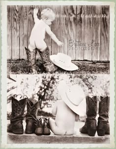 an old black and white photo of a baby playing with cowboy boots