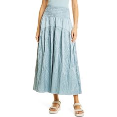 A Glimmer Of Glam Adds A Fancy Feel To This Smock-Waisted Cotton-Blend Skirt Draped With Ruffled Tiers. 32 1/2" Center Front Length (Size Medium) 55% Cotton, 40% Polyester, 5% Metallic Fibers Lined Beautiful Aqua Blue Color. Sized Small New With Tags Spring Light Blue Tiered Skirt, Light Blue Long Skirt For Spring, Spring Light Blue Flowy Skirt, Spring Blue Voluminous Skirt, Blue Gathered Skirt For Spring, Chic Light Blue Relaxed Skirt, Skirt Draping, Aqua Blue Color, Aqua Blue