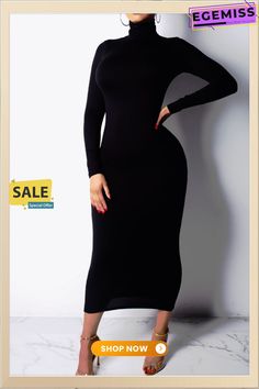 Black Fashion Sexy High Neck Long Sleeve Dress Black Solid Color Midi Dress For Date Night, Chic Solid Color Midi Dress For Night Out, Chic High Neck Solid Color Bodycon Dress, Black Non-stretch Solid Midi Dress, Night Out Solid Color Maxi Bodycon Dress, Maxi Length Solid Color Bodycon Dress For Night Out, Maxi-length Solid Color Bodycon Dress For Night Out, Trendy Black Long Sleeve Bodycon Dress, Fitted Solid Black Midi Dress