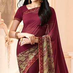 Maroon colored saree is made from georgette fabric which is highlighted with beautiful printed work as shown. comes along unstitched art silk (silk blend) blouse which you can customise as per your design/style. Occasion - You can wear this saree for festive and functions. Note:- The actual product may differ slightly in color and design from the one illustrated in the images when compared with computer or mobile screen. Measurements: Saree : Georgette : 5.5 Mtrs Blouse : Georgette : 0.8 Mtr Mat Saree With Lace Border, Saree Georgette, Georgette Saree, Georgette Fabric, Lace Border, Georgette Sarees, Maroon Color, Printed Sarees, Saree Wedding