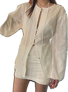 Spring Button-up Sets For Day Out, Spring Skirt Suit With Buttons And Long Sleeves, Chic Sets For Day Out, Spring Blouse With Set-in Sleeves, Spring Office Lady Skirt Suit For Parties, Single Breasted Long Sleeve Workwear Set, Chic Spring Skirt Suit With Buttons, Spring Formal Office Lady Sets, Chic White Sets With Buttons