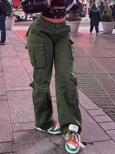 Army Green Casual Collar  Fabric Letter,All Over Print Cargo Pants Embellished Slight Stretch  Women Clothing Street Style Cargo, Pants Embellished, Style Cargo, Women Pants, Slim Fit Pants, Cargo Trousers, Long Pants, Flap Pocket, Army Green