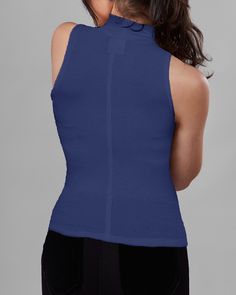 Very versatile top, can easily be worn at the office, with a pair of jeans, or as an elegant top for a long skirt. The back shaping seam is perfect for creating an hourglass silhouette. Made from our delicious buttery soft domestically produced rayon spandex. Made in USA providing jobs for American workers Pull over style Buttery soft rayon/spandex domestically produced fabric crew neck; cut in shoulders; back shaping seam High quality construction; Please order size according to bust measurement X-Small 31-32 Small 33-34, Medium 35-36, Large 37-38, X-Large 39-40 Model is 5'7" weighs 120 lbs wearing size x-small; Hand or machine wash gentle cycle, hang to dry or dry clean Chic High Neck Stretch Tank Top, Elegant Fitted Sleeveless Mock Neck Top, Fitted High Neck Mock Neck Top For Work, Casual Fitted Turtleneck Tank Top, Chic Sleeveless Fitted Mock Neck Top, Fitted Turtleneck Tank Top Casual, Solid Color Fitted Sleeveless Top, Casual Fitted High Neck Top, Solid Color Stretch Tops With Funnel Neck