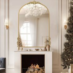 a fireplace with a mirror above it and a christmas tree in the corner next to it