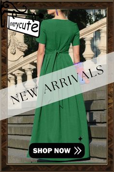 Solid Pleated Notch Neck Short Sleeve Maxi Dress with Belt Green Short Sleeve Maxi Dress For Fall, Fall Green Maxi Dress With Short Sleeves, Casual Solid Maxi Dress With Tie Waist, Casual Green Belted Dress, Maxi Dress With Belt, Short Sleeve Maxi Dress, Short Sleeve Maxi Dresses, Dress With Belt, Sleeve Maxi Dress