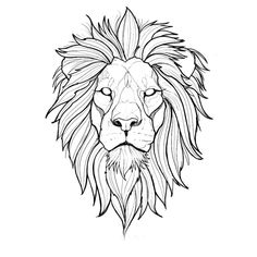 a drawing of a lion's head with long manes and eyes, drawn in black