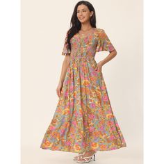 A floral maxi dress featuring a round neckline, short sleeves, and a shirred waist with a flowy silhouette. The semi-loose cut of this dress paired will quickly make this dress a favorite! This color is 100% Rayon, for a better dress experience, suggest ironing it low before wearing it! Enjoy all of the compliments in this bohemian maxi dress! Great for casual, work, beach, date, party, honeymoon, holiday, family gatherings and photoshoots, etc. Multicolor Maxi Dress With Elastic Waistband For Summer, Multicolor Smock Maxi Dress For Spring, Elegant Multicolor Maxi Dress With Elastic Waistband, Multicolor Smocked Bodice Short Sleeve Dress, Multicolor Short Sleeve Dress With Smocked Bodice, Short Sleeve Maxi Dress With Gathered Waist For Spring, Spring Maxi Dress With Gathered Waist And Short Sleeves, Casual Maxi Dress With Floral Print And Flutter Sleeves, Bohemian Ruched Short Sleeve Maxi Dress