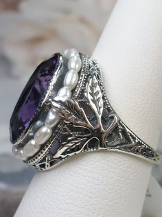 Natural Amethyst Ring, Sterling Silver Leaf Filigree, Pearl Frame, Vintage Jewelry, Silver Embrace Jewelry Silver Leaves, Magical Garden, Amethyst Gem, Pearl Design, Seed Pearl, Victorian Jewelry, Silver Filigree, Amethyst Gemstone, Amethyst Ring