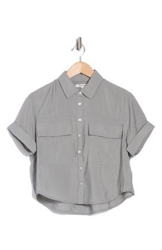 March to a utilitarian beat in this button-up shirt cut from a sustainable blend and plenty of pockets for all your daily essentials. Front button closure Spread collar Short sleeves Chest flap patch pockets 84% Lenzing™ EcoVero™ viscose, 16% polyamide Lenzing EcoVero viscose is a more-sustainably produced fiber made using pulp made from renewable wood sources Machine wash, line dry Imported Utility Tops With Roll-up Sleeves For Spring, Spring Utility Top With Roll-up Sleeves, Utility Button-up Tops For Spring, Spring Utility Button-up Top, Utility Tops With Collared Roll-up Sleeves, Utility Tops With Roll-up Sleeves And Collar, Utility Tops With Roll-up Sleeves And Collared Shape, Utility Tops With Buttons For Work, Utility Tops For Spring Workwear