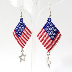 Blue Patriotic Earrings For Independence Day, Patriotic Blue Earrings For Independence Day, Red Star-shaped Beaded Jewelry, Patriotic Red Star-shaped Earrings, Patriotic Earrings For 4th Of July, Patriotic Drop Earrings For 4th Of July, Patriotic 4th Of July Earrings, Patriotic Blue Beaded Earrings, Silver Dangle Patriotic Earrings