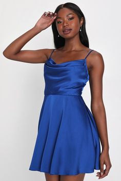 You'll keep everyone on their toes with your style when they see you wearing the Lulus Fanciful Flirt Royal Blue Satin Cowl Neck Skater Mini Dress! Sleek woven satin shapes a sleeveless bodice and a cowl neckline that falls from adjustable spaghetti straps. A high, fitted waist tops a twirly skater skirt that ends at a cute mini hem. Hidden back zipper/clasp. Fit: This garment fits true to size. Length: Mid-thigh. Size medium measures 29" from adjustable straps to hem. Bust: Great for any cup si Royal Blue Mini Dress, Satin Skater Dress, High Neck Prom Dress, Skater Mini Dress, Lulus Dress, Blue Skater Dress, Silk Dresses, Lulu Fashion, Adhesive Bra