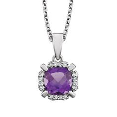 Amethyst reflects the drama and excitement of purple. This classic necklace design features a faceted cushion-cut genuine amethyst and genuine white diamond accents prong set in 14k white gold. The pendant has cutout hearts on the side, is approximately 9mm (3/8 inch) in width and the primary stone is 6 x 6mm in size. It dangles gracefully from 1.2mm cable chain finished with a spring ring clasp and is 18 inches in length. The 16 natural diamonds are single cut, 0.8mm in size, I3 in clarity, H-I Purple Prong Setting Formal Necklaces, Purple Diamond Necklace Fine Jewelry, Fine Jewelry Purple Diamond Necklace, Purple Diamond Necklace In Fine Jewelry Style, Formal White Gold Amethyst Necklace, White Gold Amethyst Necklace For Formal Occasions, Elegant Purple Diamond Necklace, Elegant Purple Necklaces With Diamond Accents, Purple Diamond Necklace With Diamond Accents