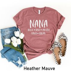 Nana Shirt, Personalized Nana T-shirt, Nana-life Shirt, Grandmother Shirt, Mother's Day Shirt, Grandma Shirt With Grandkids Names, Nana Tee Welcome to AuroraConceptDesign! ❤️ 👉🏻 PROCESSING TIME: - 3-5 business days. - Please contact with us if there is a rush order. 👉🏻 DELIVERY TIME: - Standard Shipping:  3-5 business days - Expedited Shipping  1-3 business days 👉🏻 CARE INSTRUCTIONS: - Machine wash cold and tumble dry low.  - Do not iron directly onto the design. - Do not bleach. We offer wide variety of products, including Unisex T-shirts, Women's V-neck T-shirts, Unisex Long Sleeve T-shirts, Youth T-shirts, Toddler T-shirts, and many more. Swipe listing images and check all the colors available for each type of shirt. Please enter the shirt and text color desired for your shirt in Nana Tee Shirts, Nana Shirts Ideas, Nana T Shirts, Cricket Ideas, Nana Shirts, Xmas Tees, Mommy Shirts, Grandma Shirt, Trendy Mom