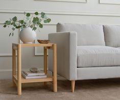 a white couch sitting next to a table with a potted plant on it