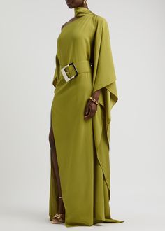 Long Description#Style Notes#The sweeping silhouette of Taller Marmo’s Taylor dress is sure to make a memorable entrance. Inspired by the idea of pared-back glamour, this belted floor-length design is cut from fluid crepe de chine and is tailored with a cold shoulder, a high-leg split and features a draped satin neck scarf.  #Info & Care# Taller Marmo crepe de chine kaftan dress Draped scarf detail at neck, one-shoulder, wide dolman sleeves, cut-out belt loops, detachable belt with oversized buckle, side splits Slips on 78% acetate, 22% viscose Dry clean  #Size & Fit# Length shoulder to hem: 65 inches/ 165cm Midweight Loose fit One size; will comfortably fit a size UK6-UK14 Kaftan Dress Pattern, Satin Neck Scarf, Citron Dress, Northern Girls, Taller Marmo, Kaftan Abaya, Kaftan Maxi Dress, Dress Drape, Leg Split