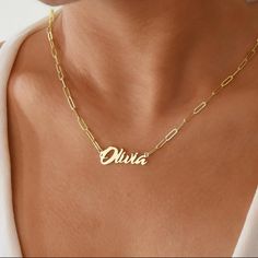 Nameplate Paperclip Chain Necklace - Humble Legends Name Plate Necklace, Paperclip Chain Necklace, Necklace Name, Design Name, Nameplate Necklace, Gold Name Necklace, Plate Necklace, Necklace Craft, Missing Link