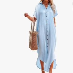 Xxl Sky Blue Beautiful Light Dress! Never Worn Out, Only Tried On! So Soft! Perfect For Beach, Brunch And Beyond! Solid Button-up Shirt Dress For Vacation, Casual Shirt Dress For Beach Season Day Out, Casual Shirt Dress For Beach Day Out, Solid Button-up Shirt Dress For Summer, Solid Beach Dress With Button Closure, Spring Beach Button-up Maxi Dress, V-neck Shirt Dress With Buttons For Vacation, Beach Shirt Dress With Button Closure, Solid Color Beach Shirt Dress With Button Closure