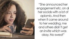 a woman looking at her cell phone while sitting in front of an open book with the caption, she announced her engagement etc