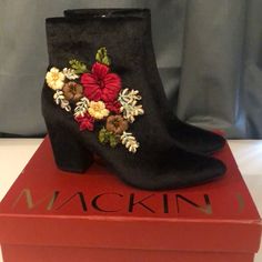 New With Tags Mackin J Velvet Boot With Embroidered Flowers On The Sides. They Zip On The Side. Size 7.5. New In Box. Fall Embellished Round Toe Boots, Embellished Round Toe Boots For Fall, Spring Embellished Boots With Round Toe, Embellished Ankle Boots For Fall, Winter Embellished Boots With Round Toe, Embellished Heeled Boots With Round Toe For Fall, Embellished High Heel Boots For Fall, Fall Embellished Heeled Boots For Formal Occasions, Fall Formal Embellished Heeled Boots