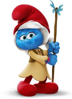 the smurf is holding a stick and wearing a santa hat with his hands