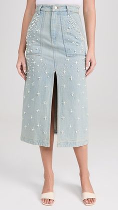 Sea Perlette Denim Skirt | Shopbop Embellished Midi Skirt, Sea Clothes, Pearl Beading, Bleached Denim, Embellished Denim, Denim Maxi Skirt, Embroidered Skirt, Denim Midi Skirt, Embroidered Denim