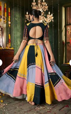 PRE ORDER Pastel multicolor Embroidery Navratri lehenga choli. Chaniya Choli Pattern, Choli Pattern, Kurti Skirt, Navratri Lehenga, Garba Dress, Multicolor Embroidery, American Diamond Necklaces, Oxidized Necklace, Navratri Special