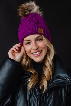 The pom hat of your dreams is here! Update your winter accessories with our new purple cable knit winter hat with fleece lining and a trendy faux fur pom accent. Knit Winter Hat, Knitted Hats Kids, Knit Hat For Men, Knit Jewelry, Cable Knit Hat, Hat Knit, Blouse Tank Top, Winter Hats For Women, Pom Pom Hat