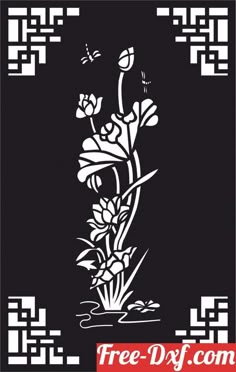 a black and white drawing of flowers on a black background with the words free dxf