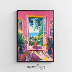 a painting of an open window with a view of the ocean and palm trees outside