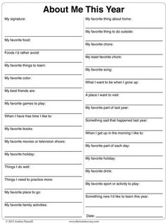 a printable worksheet with the words about me this year