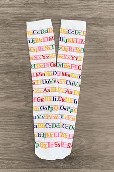 White Alphabet Knee High Socks Accessory Sparkle In Pink School Socks, Sparkle In Pink, Back To School Fashion, School Theme, Pencil Design, Relaxing At Home, School Themes, Alphabet Print, Girls Socks