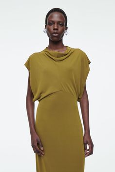 DRAPED COWL-NECK MIDI DRESS - KHAKI GREEN - COS Elegant Fitted Maxi Dress With Gathered Neckline, Draped Maxi Dress With Draped Sleeves, Pre-draped Evening Dress With Cowl Back, Elegant Draped Skirt For Workwear, Chic Cowl Neck Maxi Dress For Cocktail, Chic Silk Midi Dress With Gathered Neckline, Chic Maxi Dress With Cowl Neck For Cocktail, Chic Cocktail Maxi Dress With Cowl Neck, Chic Silk Evening Dress With Cowl Back