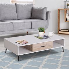 a living room with a gray couch and white coffee table