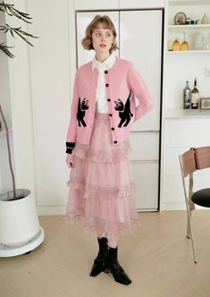 <Size>

 *Unit: cm 







 size

  bust

 Sleeve Length 

 Length 











 F 

 96

 56 

 56 













 <Material> 



 45% Acrylic

 28% nylon

 20% polyester

 Alpaca 7% 







 ＜Model wearing＞



 Wearing size



 F size




 Model Dimensions



 Height: 168cm

 Bust: 84cm

 Waist: 62cm

 Hips: 88cm Pink V-neck Winter Cardigan, Pink V-neck Winter Outerwear, Pink V-neck Outerwear For Spring, Feminine Fall Outerwear For Layering, Feminine Long Sleeve Cardigan For Layering, Feminine Pink Long Sleeve Cardigan, Feminine Pink V-neck Outerwear, Feminine Long Sleeve Sweater For Layering, Trendy Pink Fall Cardigan