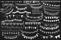 a chalkboard drawing of bunting banners and garlands on a blackboard background