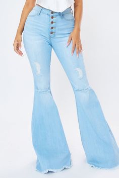 Push My Buttons Distressed Flare Jeans (DS) FG VM Womens Spring Shoes, Womens Spring Dresses, Womens Spring Fashion, Women's Spring Fashion, Distressed Flare Jeans, Sunshine On A Cloudy Day, Jeans With Pockets, High Rise Flare Jeans, Boho Jeans